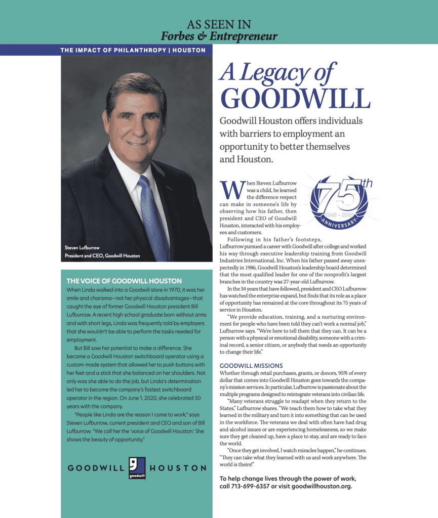 Goodwill Houston is featured in the October issue of Forbes and Entrepreneur 2